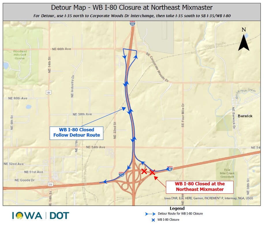 Overnight ramp closures at the Northeast Mixmaster in Des